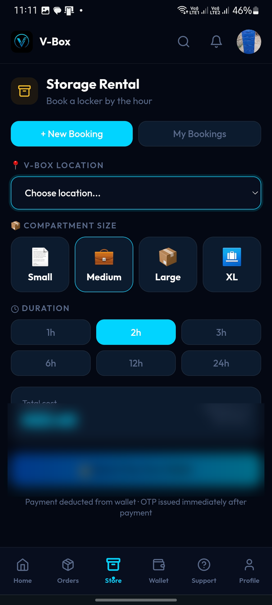 V-Box app — choose size, duration, and pay from wallet